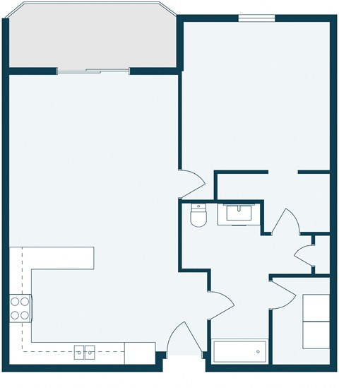 Floor plan for 1 bed, 1 bath, 822 sqft